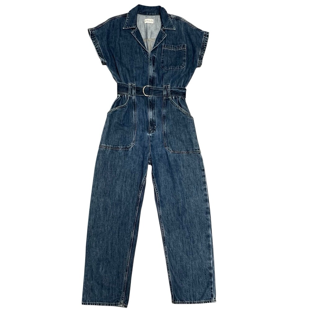 NWT ETICA Megg Utility Denim Jumpsuit Women's Large Dark Blue Belted Belt Pocket - Picture 1 of 13
